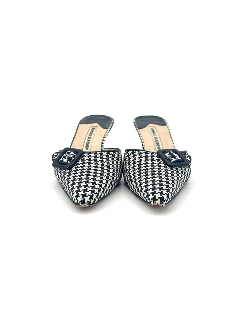 Vintage Manolo Blahnik Buckle Houndstooth Pointed Toe Slip On Mules 37.5 - Picture 2 of 8